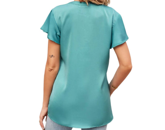 Satin V-neck Ruffle Blouse