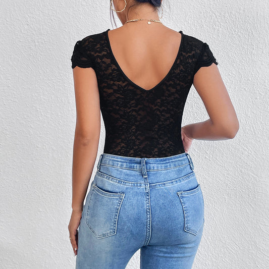 Lace See through Deep V-Plunge Backless Niche Design Bodysuit
