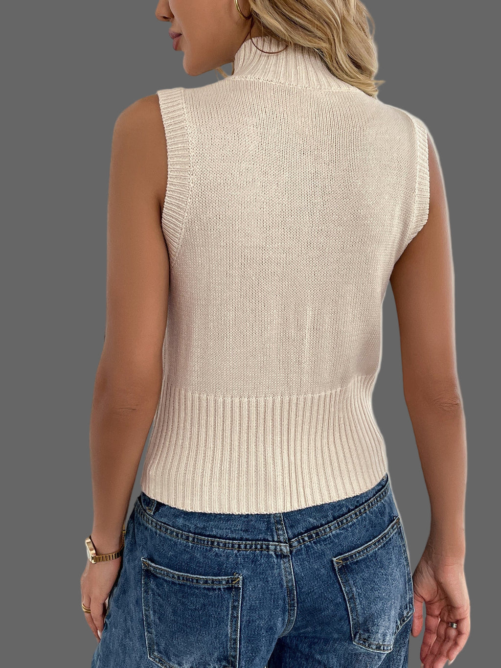 Zipper Turtleneck Sleeveless Knitted Sweater Vest