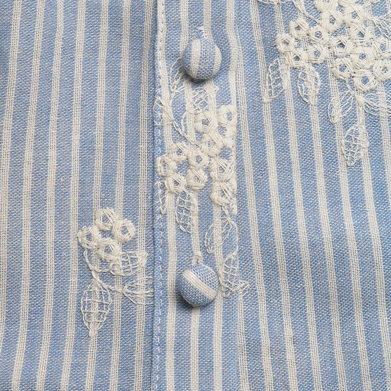 Fresh Pastoral Striped Embroidered Flounced Sleeve Square Collar Top