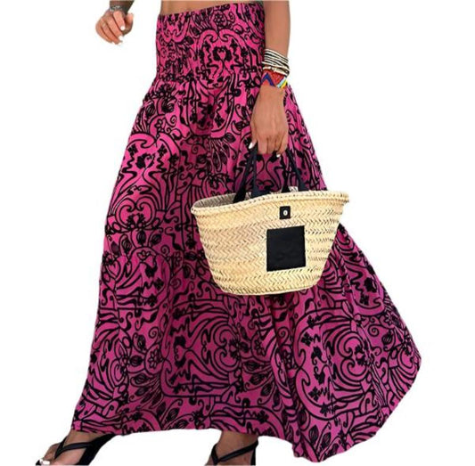 Casual Print Long Elastic Waist Skirt