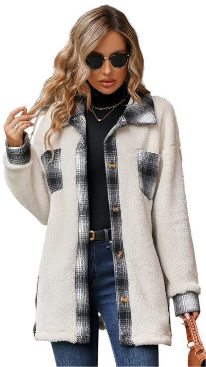 Single-Breasted Collared Mid-Length Plaid Plush Coat