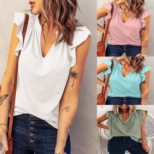 Spring Summer V-Neck Ruffle Short Sleeve Loose T shirt Top