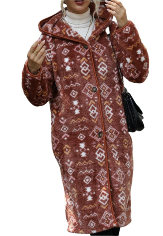 Geometric Abstract Mid-Length Plush Coat