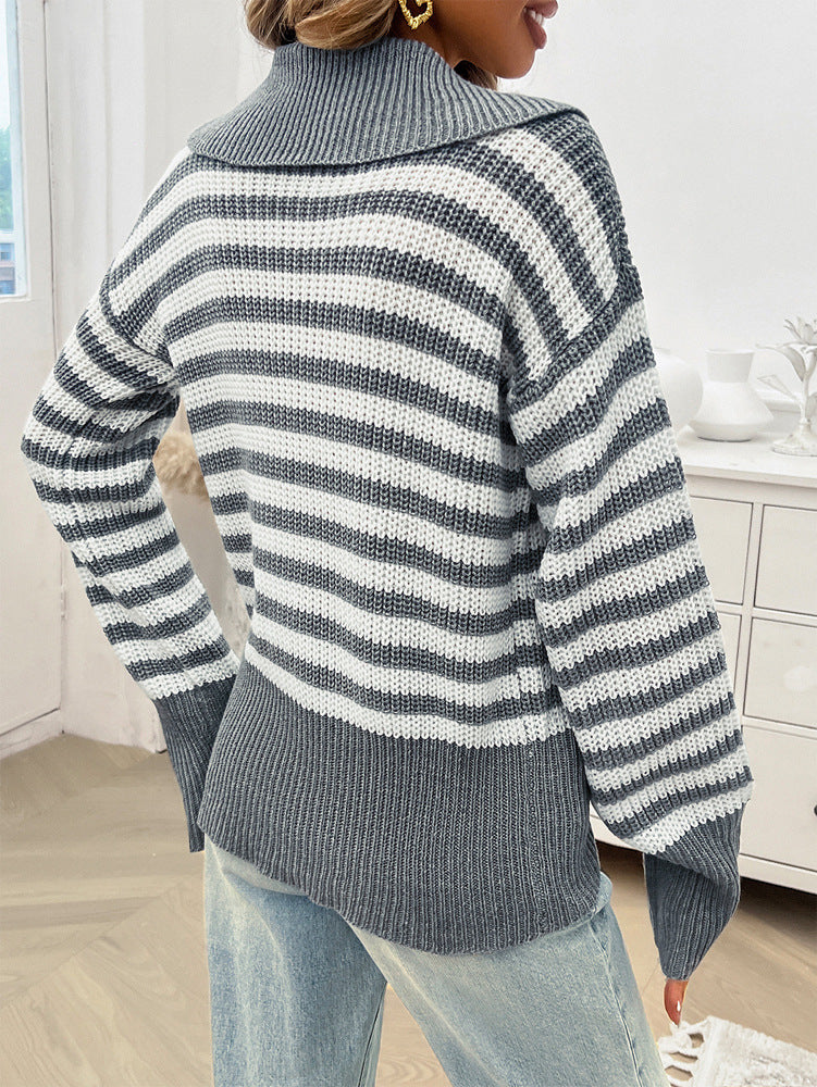Casual Loose Lapels Striped Long Sleeve Sweater
