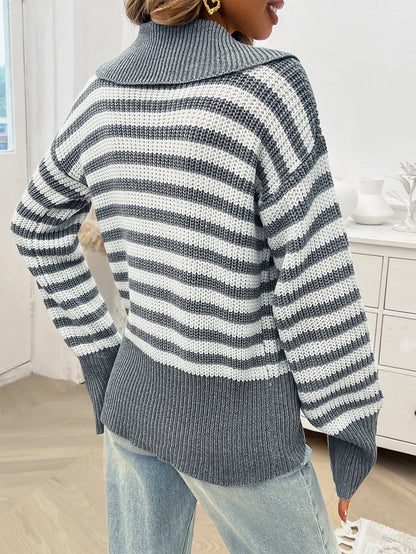 Casual Loose Lapels Striped Long Sleeve Sweater