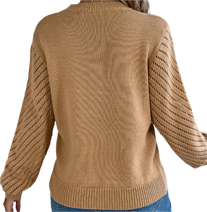 Casual Hollow Cutout Lantern Sleeve Pullover Sweater