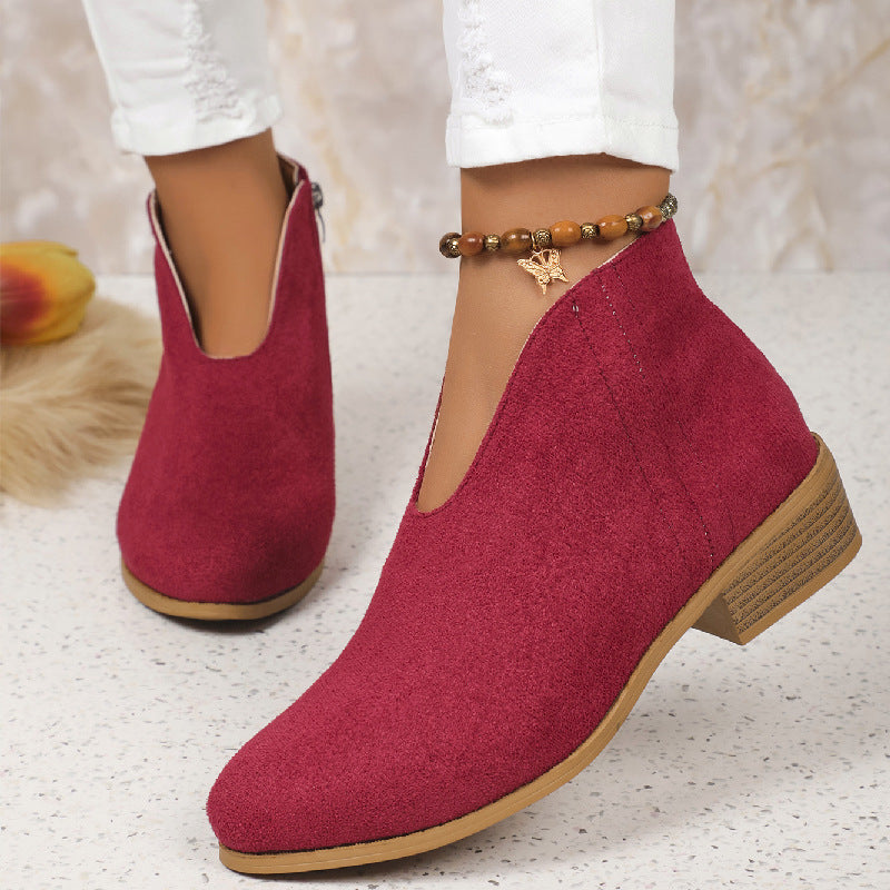 Side Zipper Round Toe V-Cut Suede Ankle Boots