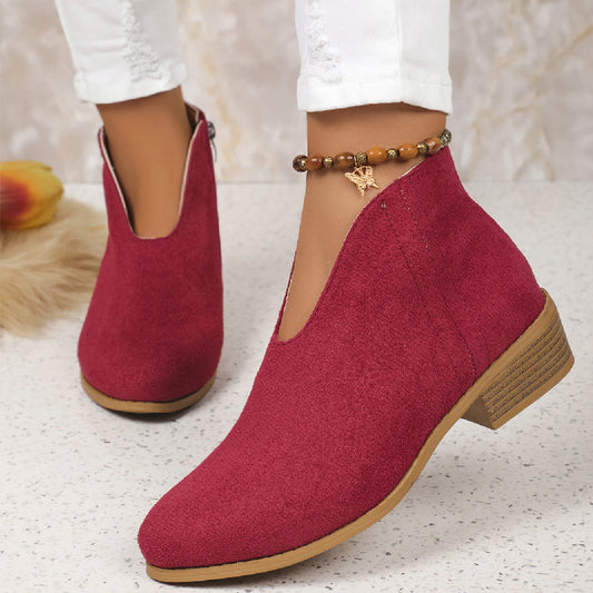 Side Zipper Round Toe V-Cut Suede Ankle Boots