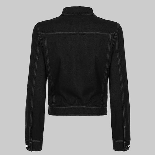 Street Casual Collared Elastic Imitation Denim Retro Zipper Jacket
