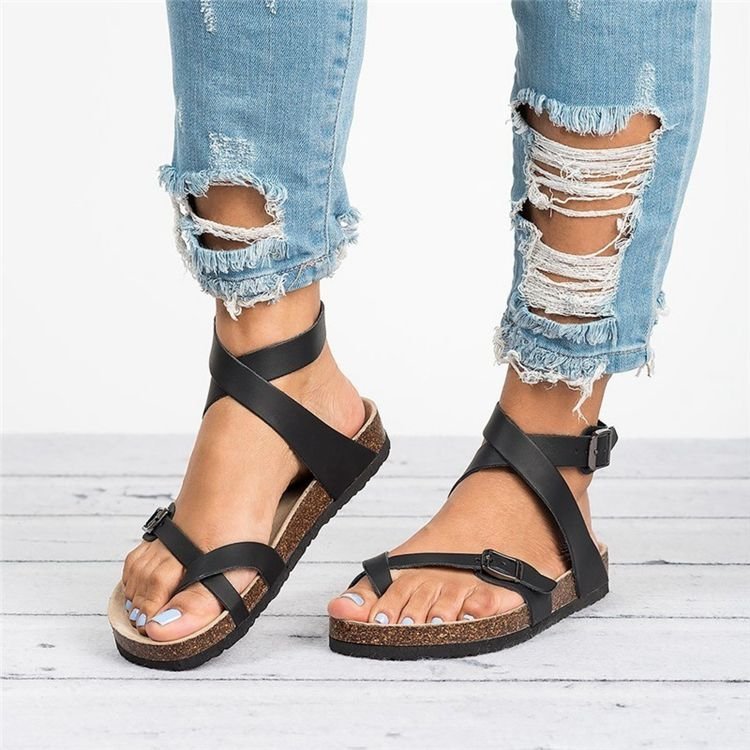 Cork Sole Roman Toe Covering Belt Buckle Strip Winding Sandals