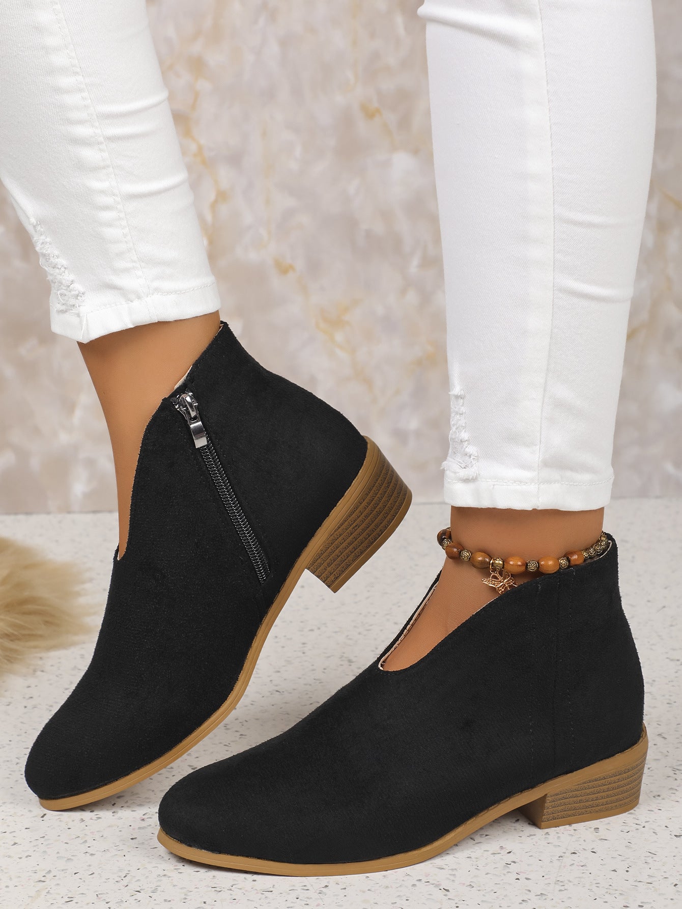 Side Zipper Round Toe V-Cut Suede Ankle Boots