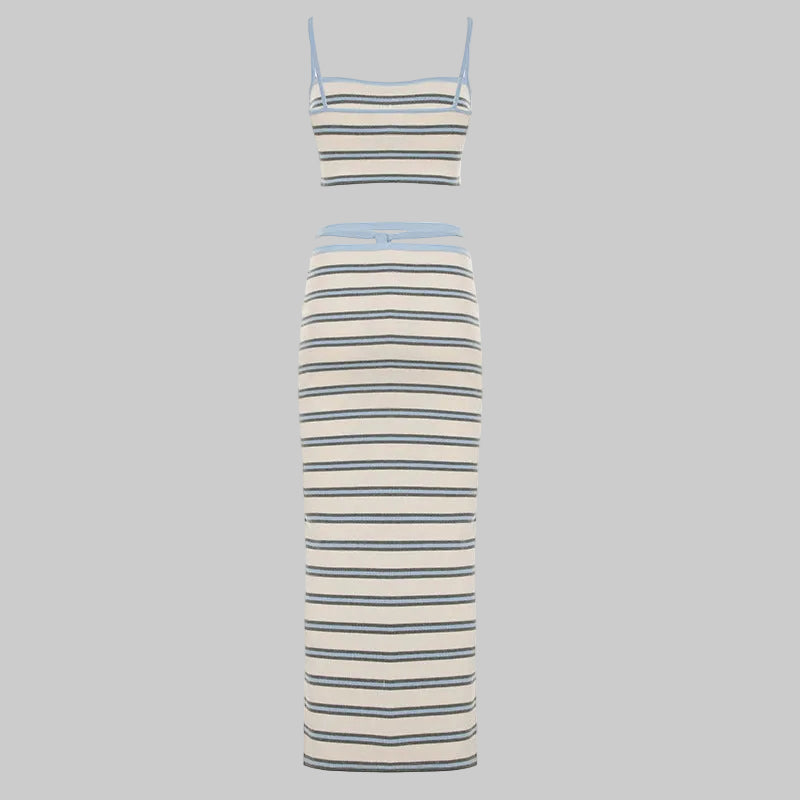 Casual Vacation Knitted Crop Top Striped Skirt Set