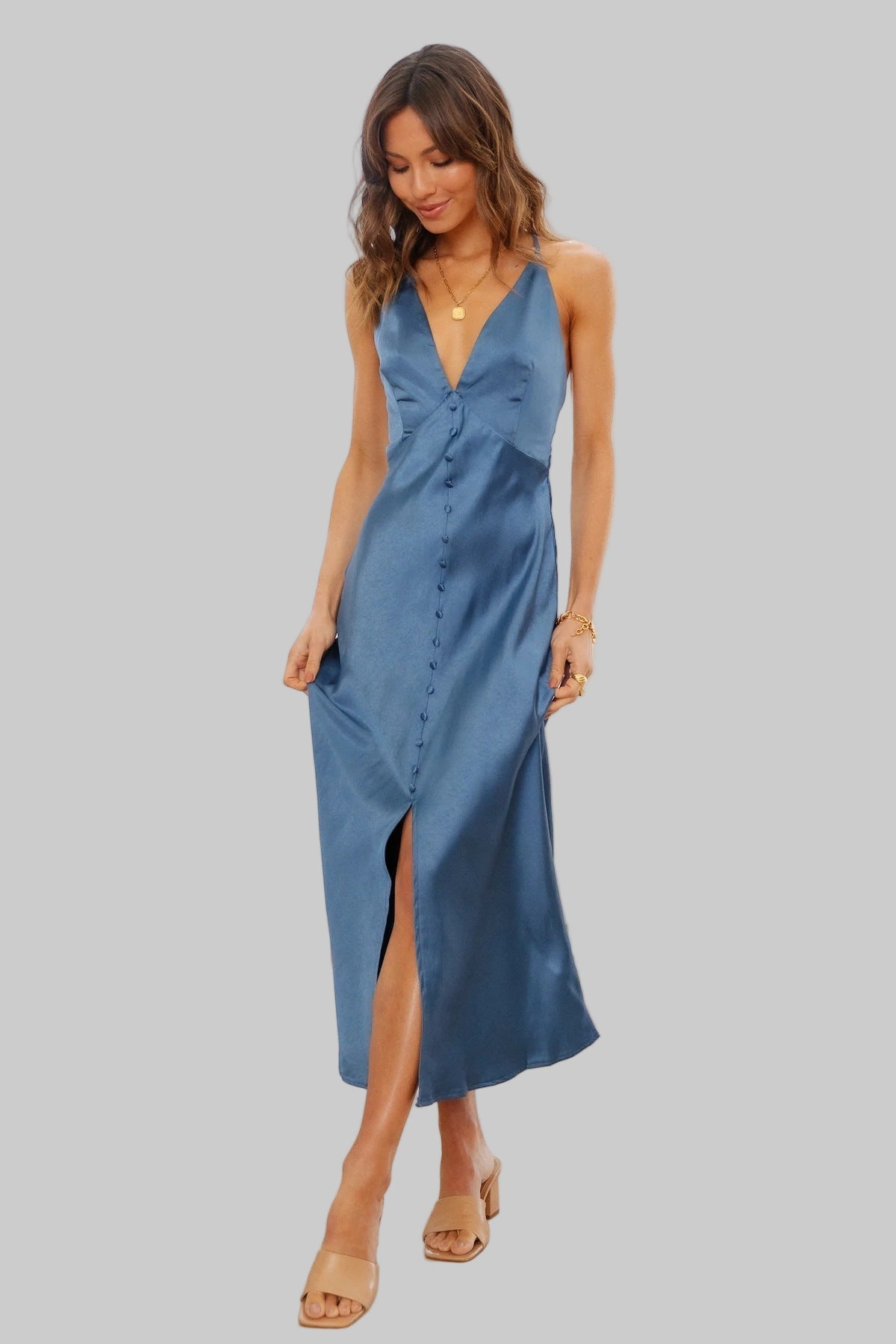 Criss Cross Back V-Neck Satin Dress