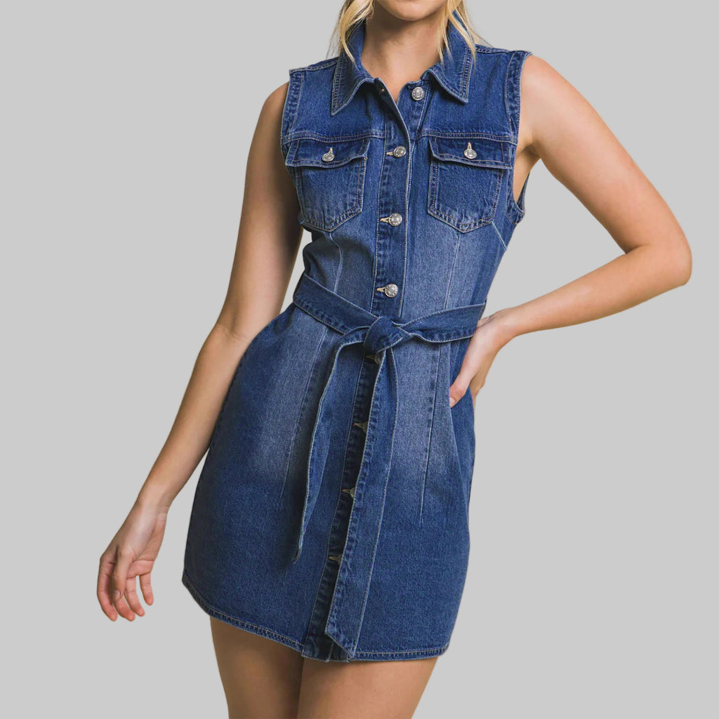 Sleeveless Lace-up Denim Midi Dress