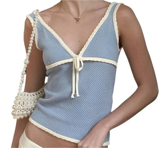 Sexy Deep V-Plunge Bow Lace Vest Top