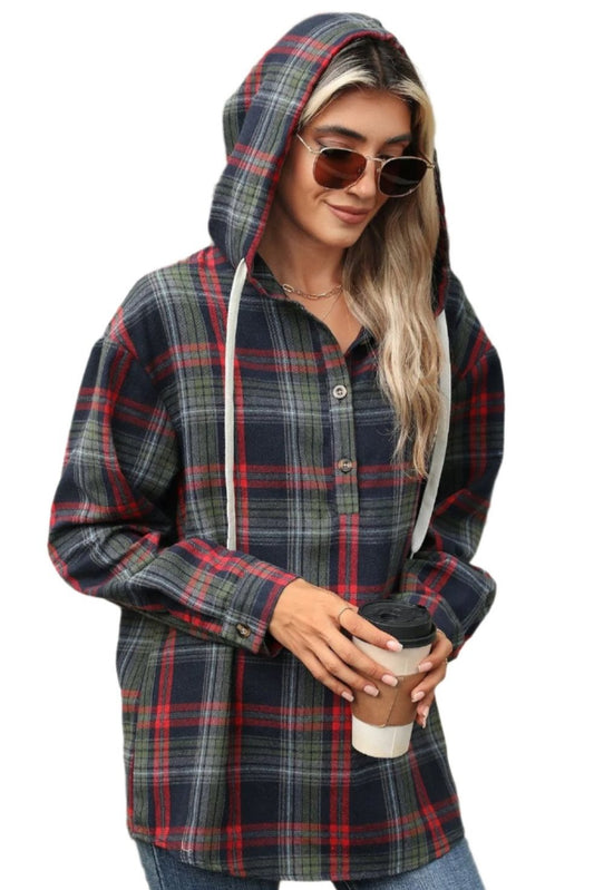 Hooded Button Plaid Sweatshirt