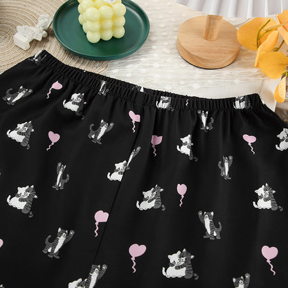 Cute Cat Print Artificial Silk Pajamas Set