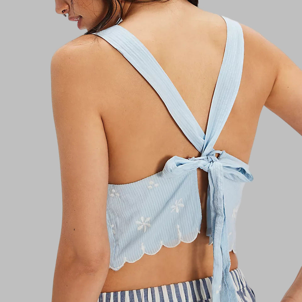 Embroidered Floral Cropped Lace-up Top
