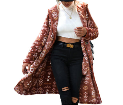 Geometric Abstract Mid-Length Plush Coat
