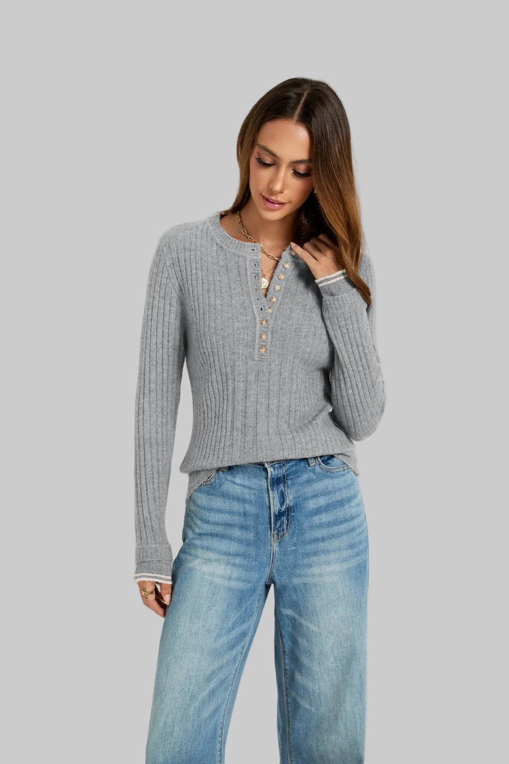 Long Sleeve Slim Fit Buttoned Sunken Stripe Idle Sweater