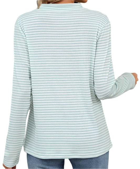 V-neck Button Striped Long Sleeved Top