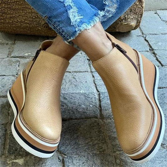 Wedge Thin Short Side Zipper Mid Heel Leather Ankle Boots
