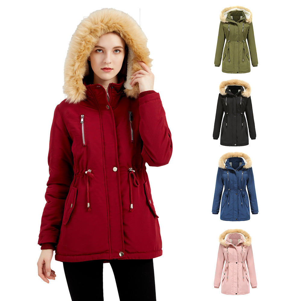 Thick Lambskin Cotton Detachable Fur Hoodie Fleece Padded Coat