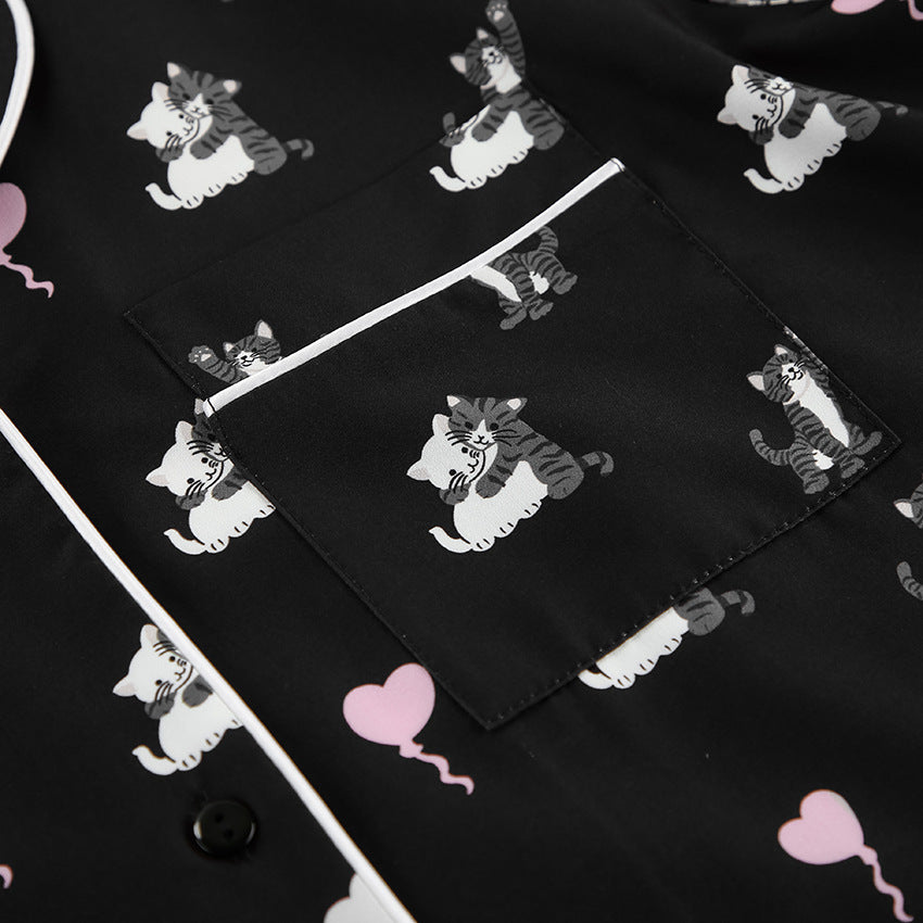 Cute Cat Print Artificial Silk Pajamas Set
