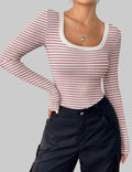 Striped Slim U-Neck Sexy Long Sleeve Top