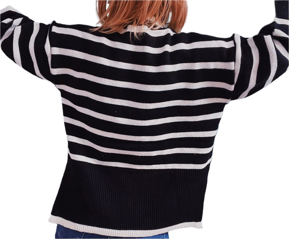 Casual Loose High Collar Bell Sleeve Striped Side Slit Knitted Pullover Sweater
