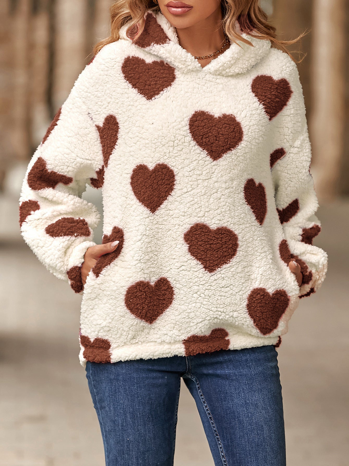 Plush Hooded Love Printed Pullover Sweater