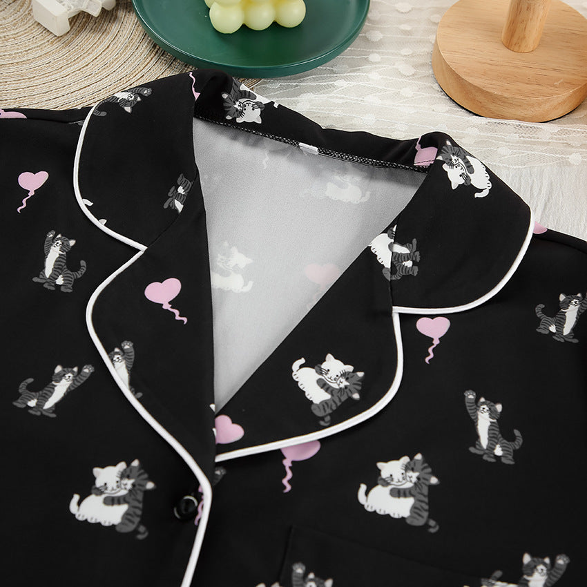 Cute Cat Print Artificial Silk Pajamas Set