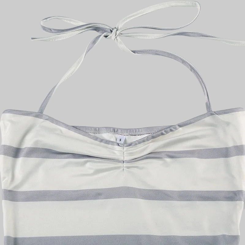 Striped Contrast Color Halter Lace-up Two Piece Set