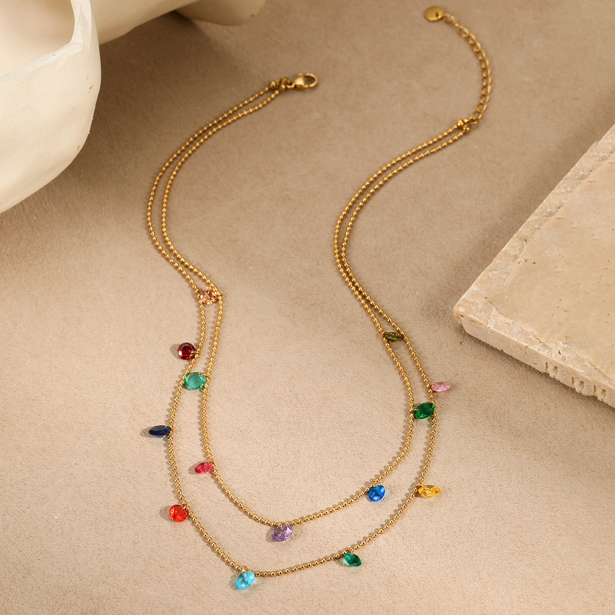 Titanium Steel Light Luxury Minority Color Zircon Multi Layer Twin 18K Gold Plating Necklace