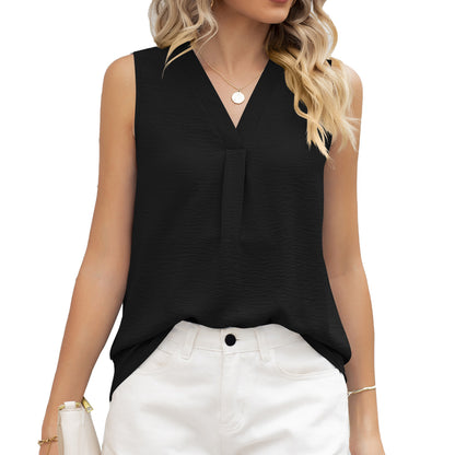 Solid Color V-neck Loose Chiffon Top