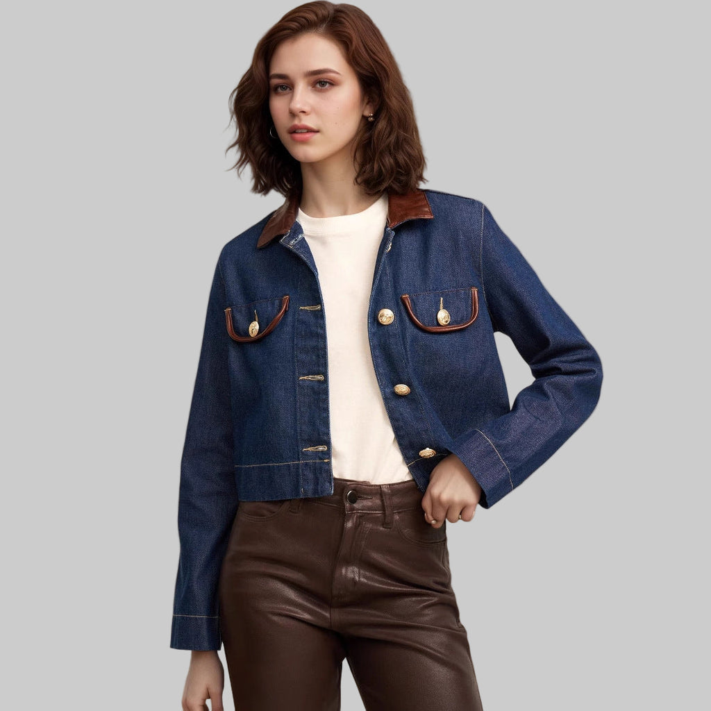 Button Embellishment with Leather Patchwork Collar Pocket Denim Jacket