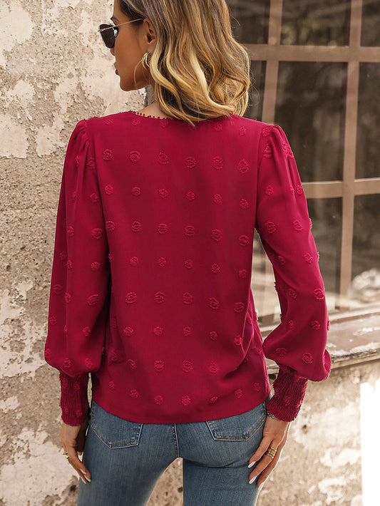Puff Sleeve Polka Dot Stitching Lace Smocking Blouse