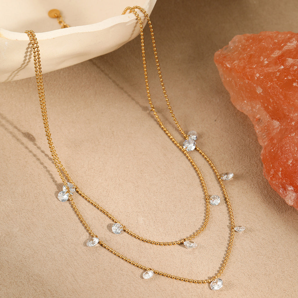 Titanium Steel Light Luxury Minority Color Zircon Multi Layer Twin 18K Gold Plating Necklace