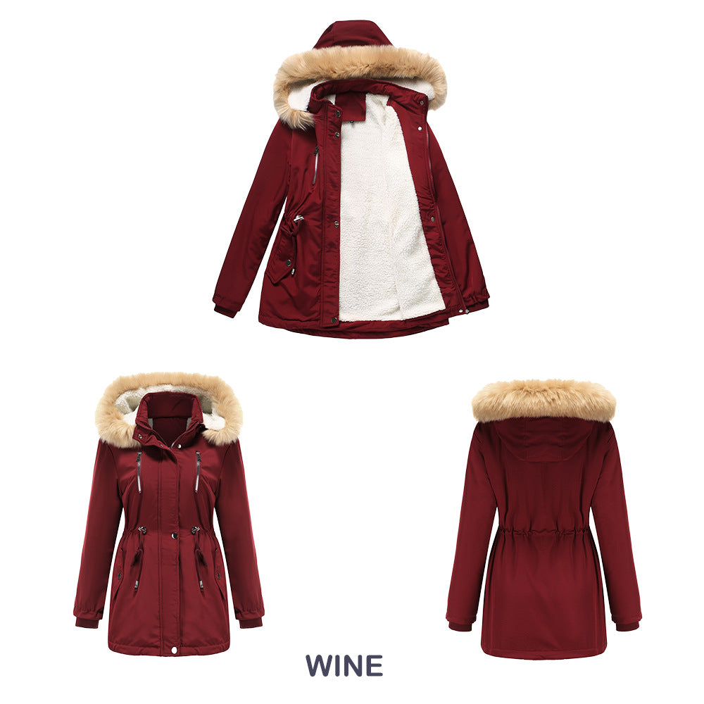 Thick Lambskin Cotton Detachable Fur Hoodie Fleece Padded Coat