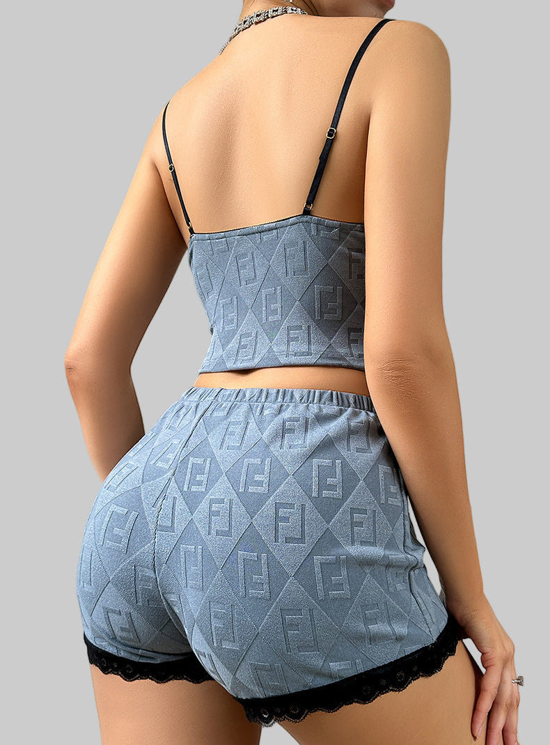 Lace Stitching Jacquard Pajamas Set