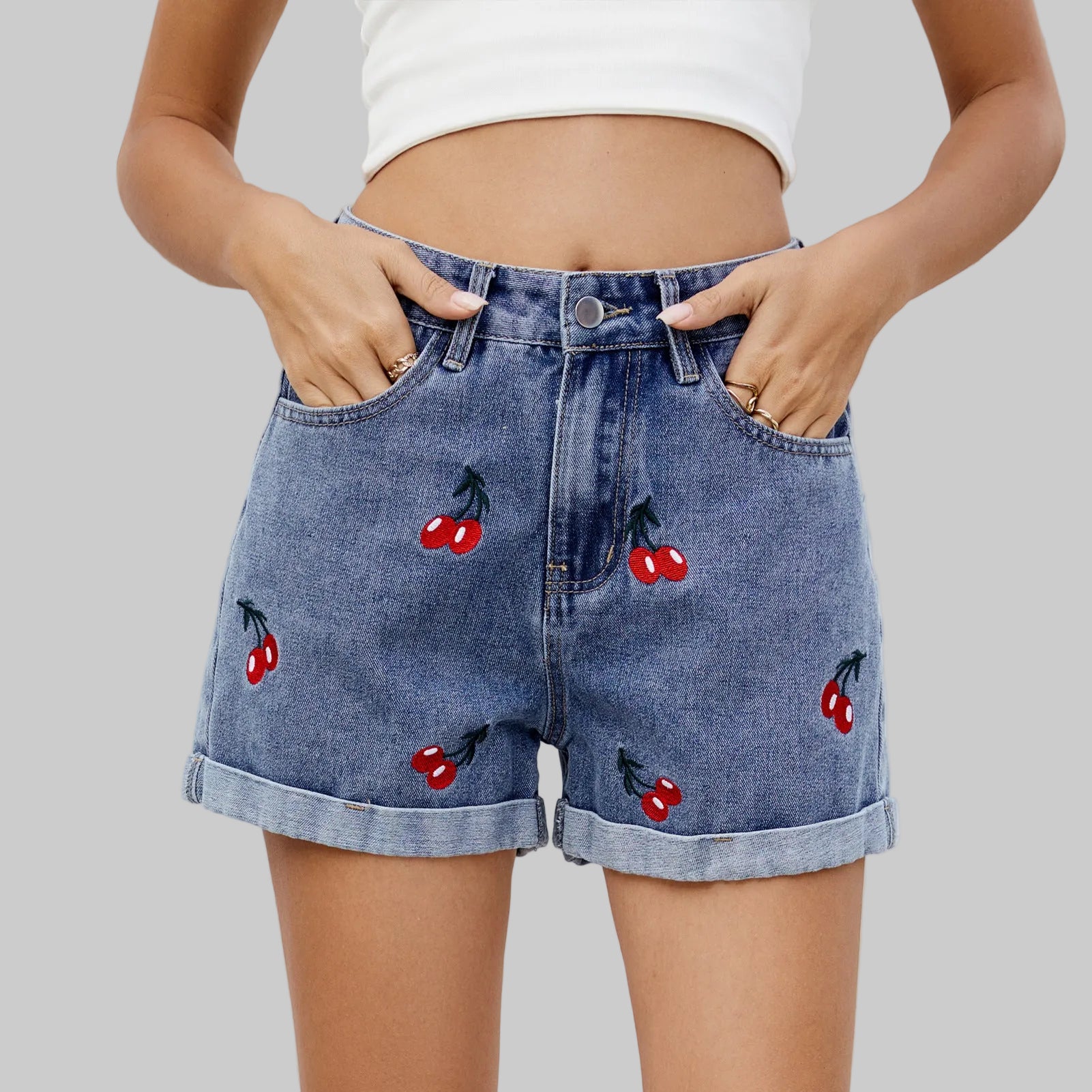 Cherry Embroidery Denim Shorts