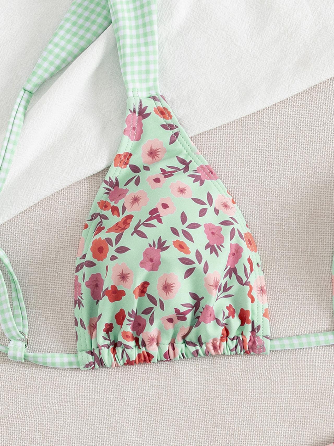 Boho Floral Check Bikini with Adjustable Tie