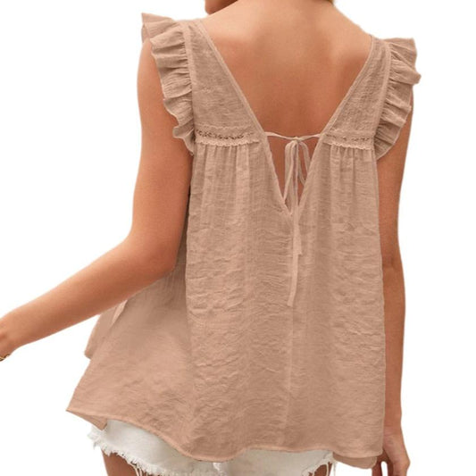Simple Sweet Blouse V-neck Ruffled Sleeve Top