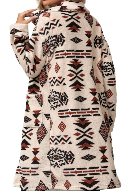 Ethnic Print Plush Long Coat