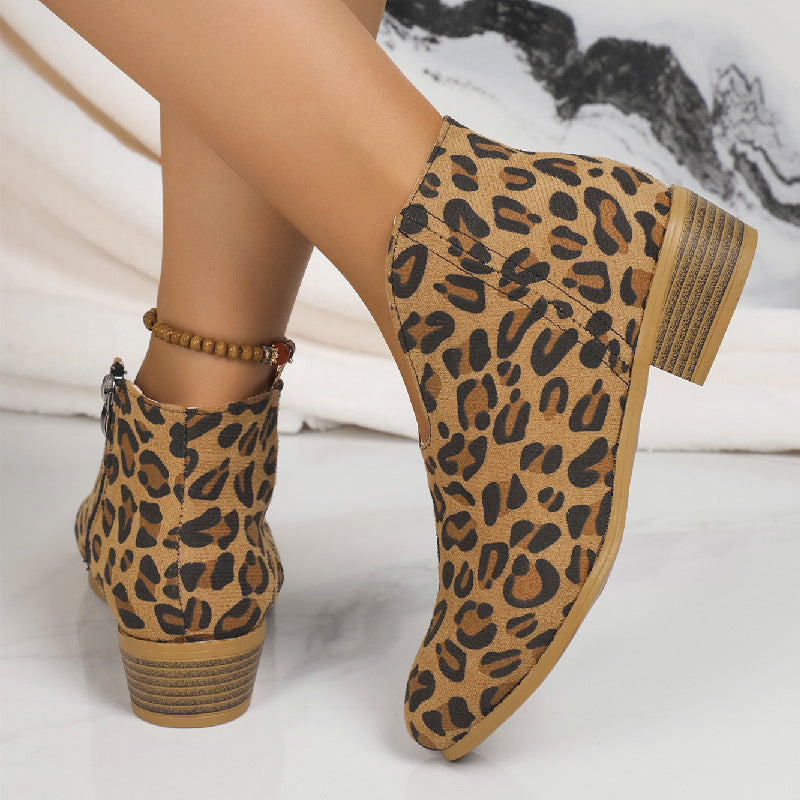 Side Zipper Round Toe V-Cut Suede Ankle Boots