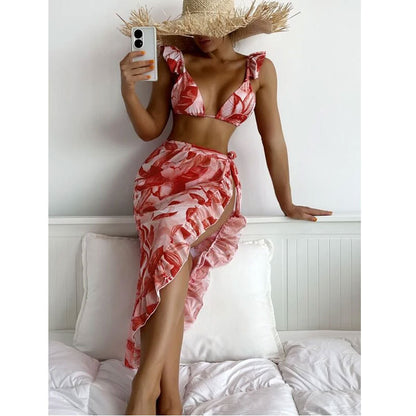 Sexy Ruffled Tied Cover-up Three Piece Suit