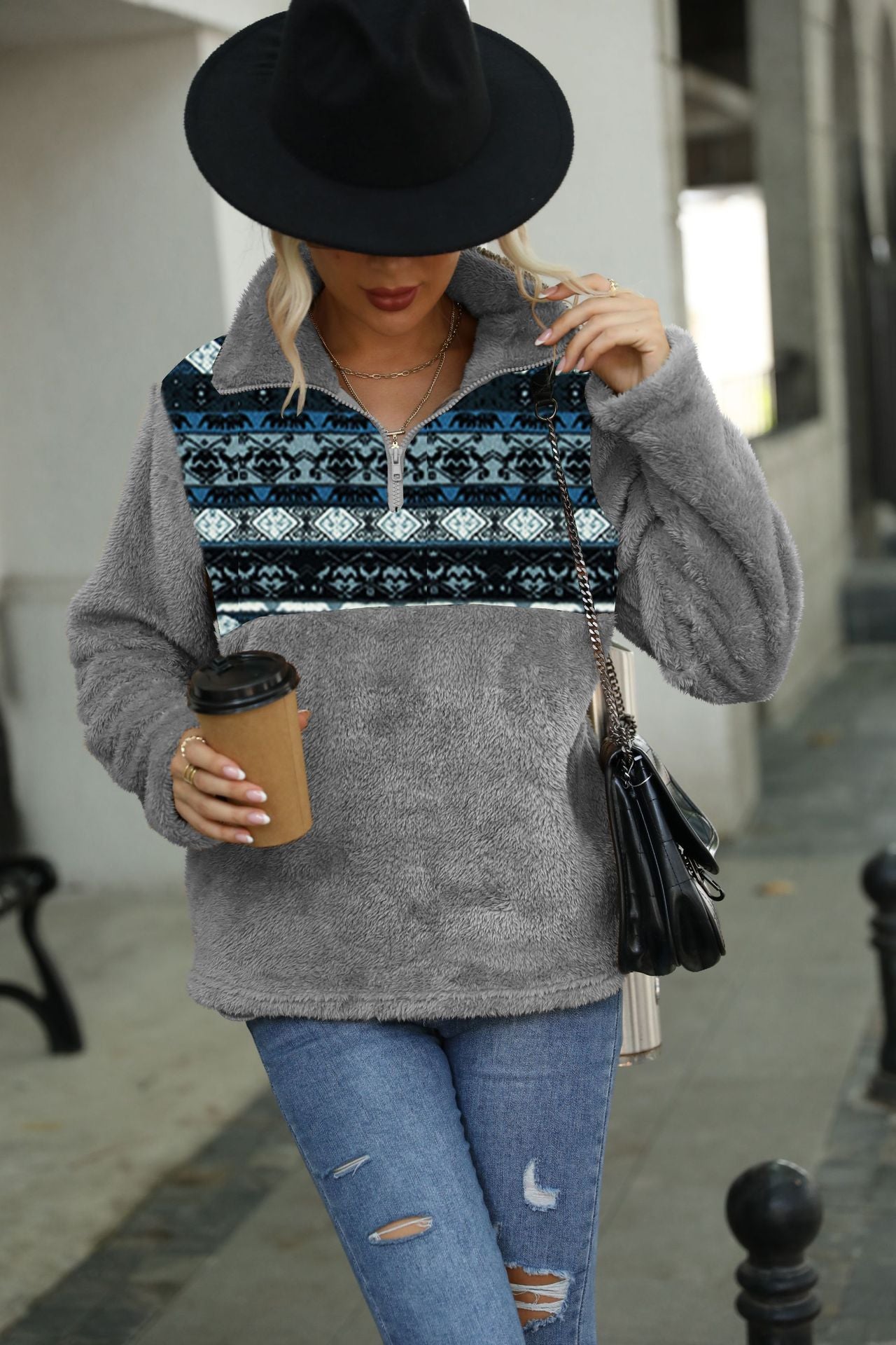 Plush Multicolor Geometric Abstract Printed Fleece Sweatshirt