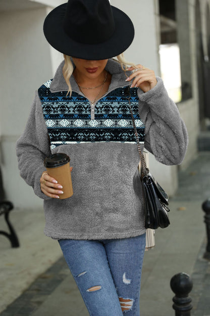 Plush Multicolor Geometric Abstract Printed Fleece Sweatshirt