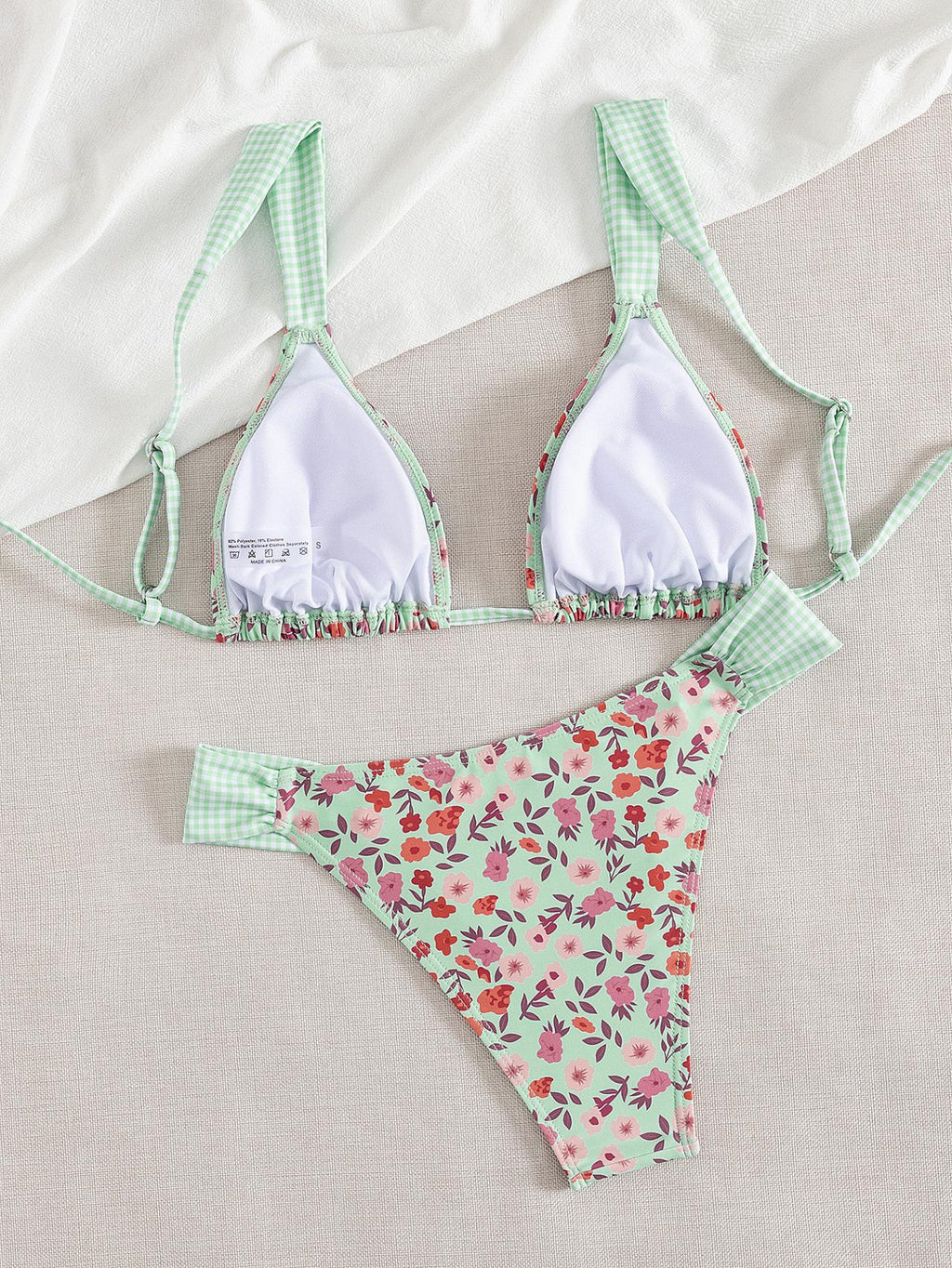 Boho Floral Check Bikini with Adjustable Tie